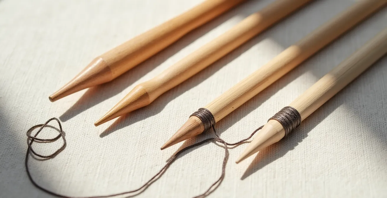 Rangée d'aiguilles à tricoter en bois, métal et bambou, mettant en évidence les différences de texture et de finition