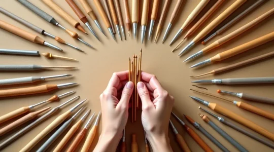 Assortiment d'aiguilles à tricoter en différents matériaux et crochets, disposés de manière inspirante pour montrer la diversité des outils de tricot.