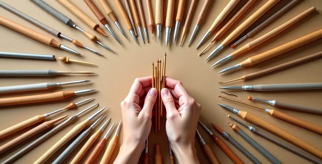 Assortiment d'aiguilles à tricoter en différents matériaux et crochets, disposés de manière inspirante pour montrer la diversité des outils de tricot.