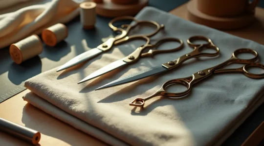 Ciseaux de précision professionnels de haute qualité reposant sur un tissu, symbolisant l'art et la maîtrise de la coupe en couture