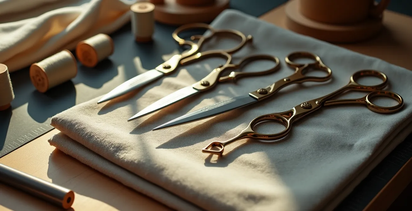 Ciseaux de précision professionnels de haute qualité reposant sur un tissu, symbolisant l'art et la maîtrise de la coupe en couture