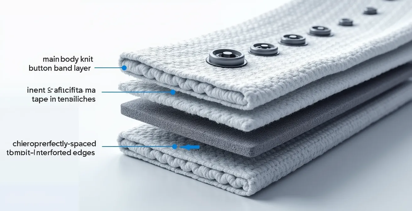 Vue détaillée en coupe de la construction d'une bande de boutonnage tricotée, montrant les couches, les boutonnières positionnées, et l'armature de soutien