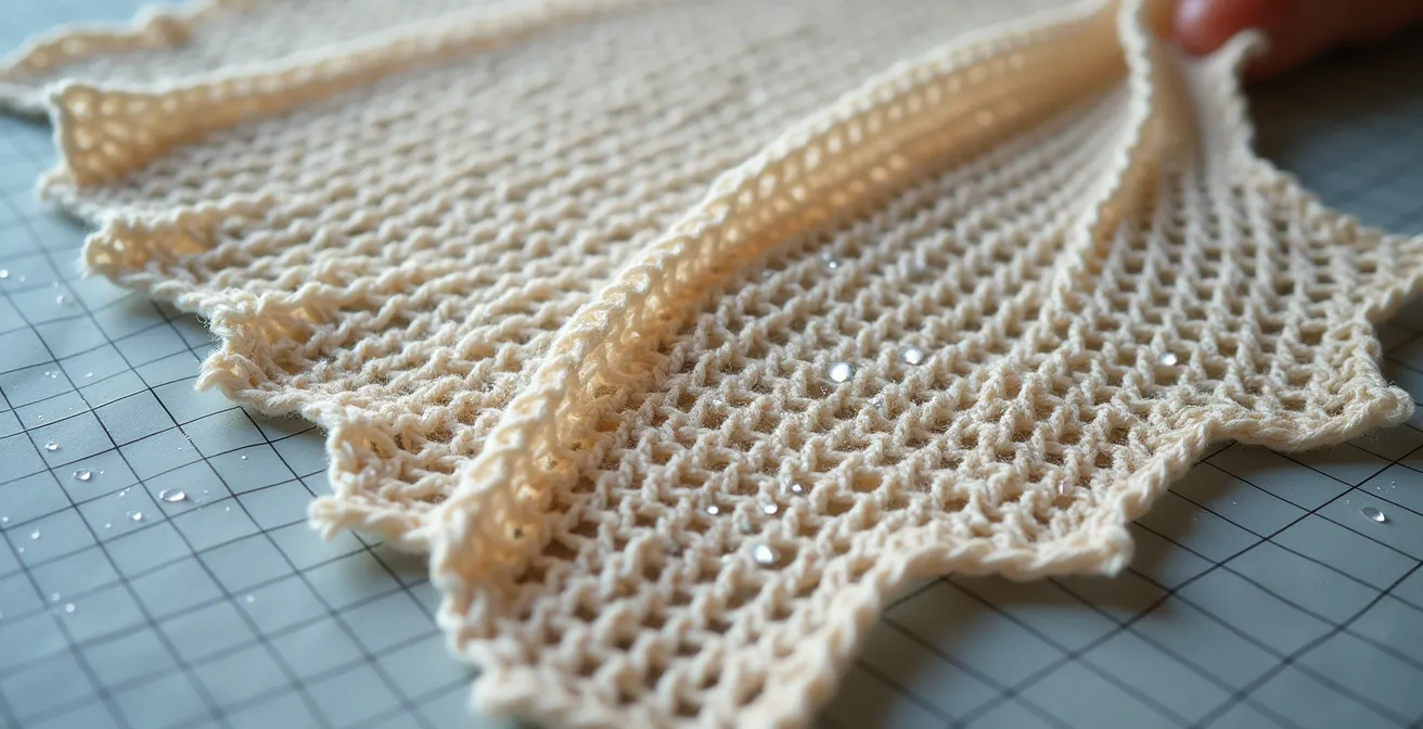 Tricot bloqué sur tapis avec épingles en T et peignes, montrant la technique d'épinglage de précision pour la mise en forme.