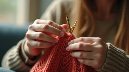 Mains de tricoteuse expertes tenant les aiguilles circulaires pour tricoter un bonnet en laine rose.