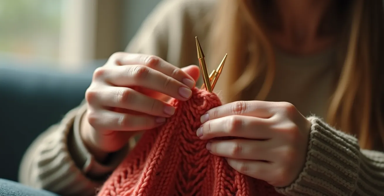 Mains de tricoteuse expertes tenant les aiguilles circulaires pour tricoter un bonnet en laine rose.