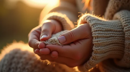 Détail d'une bordure de manche tricotée avec des côtes torses parfaitement définies, montrant comment la finition encadre l'avant-bras avec élégance.