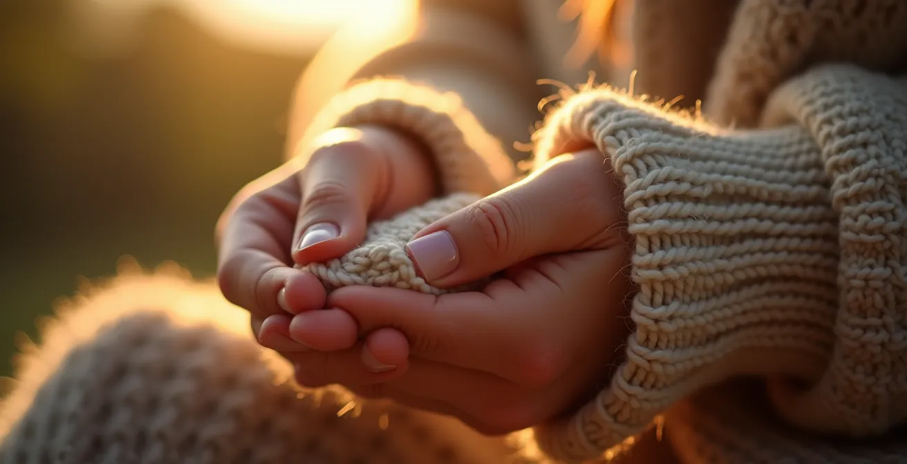 Détail d'une bordure de manche tricotée avec des côtes torses parfaitement définies, montrant comment la finition encadre l'avant-bras avec élégance.