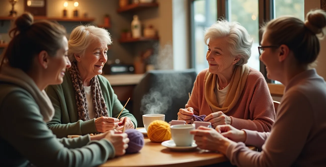 Groupe de personnes tricotant ensemble dans un café convivial, partageant leur passion