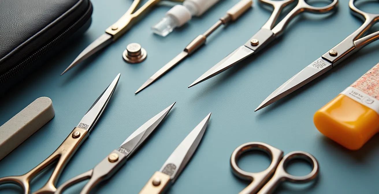 Ciseaux de couture et broderie de différents types avec outils d'affûtage, huile de maintenance et étui de protection organisés