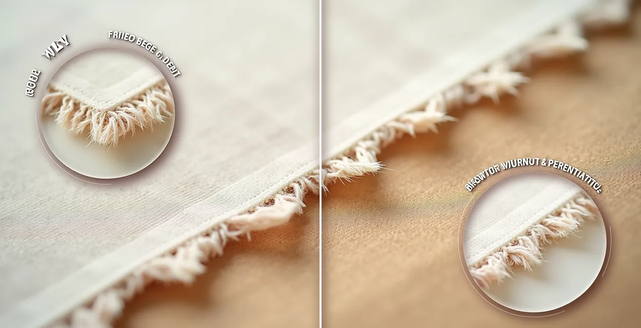 Comparaison visuelle d'un bord de tissu coupé droit et d'un bord coupé avec des ciseaux cranteurs, montrant la différence de résistance à l'effilochage