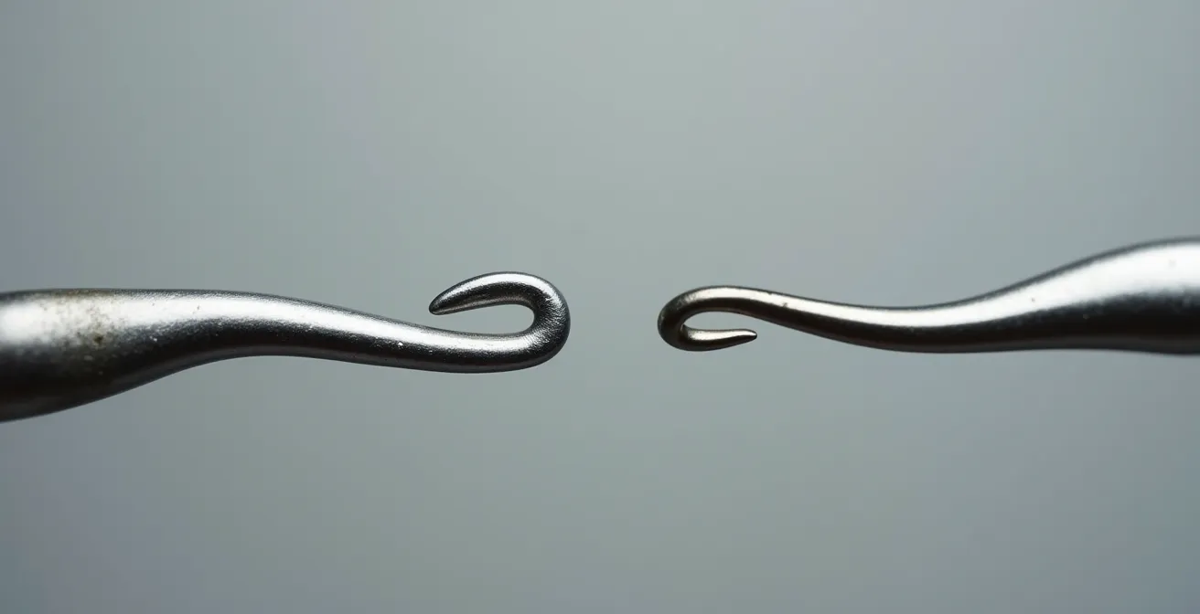 Comparaison détaillée d'un crochet inline et d'un crochet tapered montrant les différences de forme, profondeur de gorge et pointe.