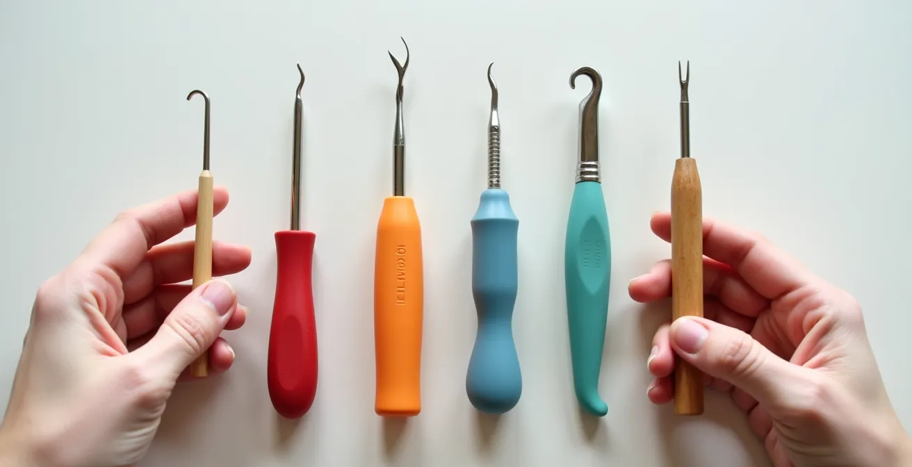 Comparaison de crochets ergonomiques avec différents manches en caoutchouc, bois et silicone pour le confort optimal