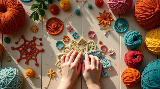 Composition visuelle montrant des accessoires tricotés multicolores, des pompons, des tissages et des guirlandes textiles disposés harmonieusement dans un intérieur bohème lumineux.