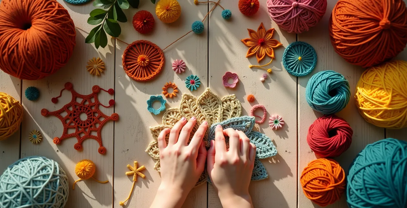 Composition visuelle montrant des accessoires tricotés multicolores, des pompons, des tissages et des guirlandes textiles disposés harmonieusement dans un intérieur bohème lumineux.