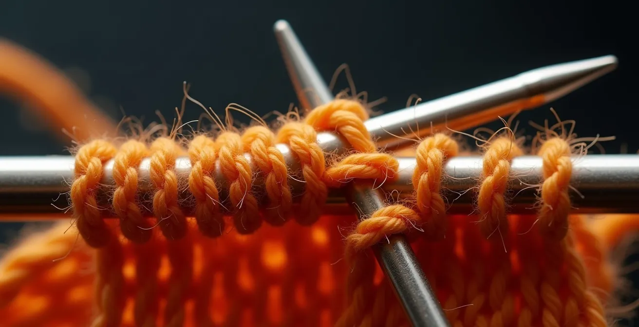 Comparaison visuelle d'une maille régulière vs irrégulière, mettant en évidence la boucle d'or (golden loop) sur l'aiguille