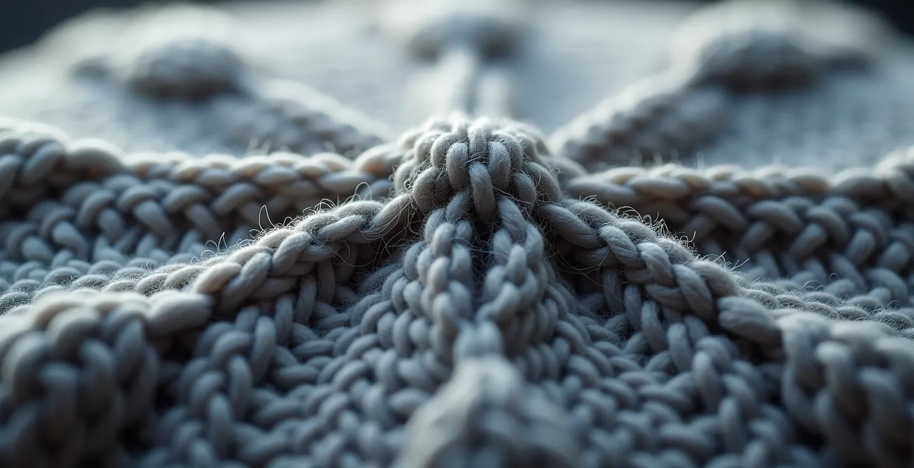 Gros plan détaillé du sommet d'un bonnet fini montrant les diminutions réparties en motif d'étoile symétrique.