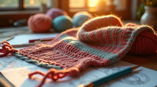 Écharpe multicolore en tricot avec différentes textures et finitions, symbole de créativité et d'innovation dans l'art du tricot.