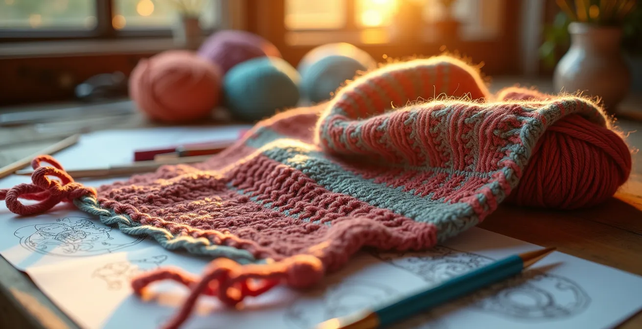 Écharpe multicolore en tricot avec différentes textures et finitions, symbole de créativité et d'innovation dans l'art du tricot.