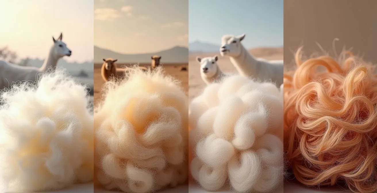 Illustration comparative montrant les quatre fibres de luxe: alpaca, cachemire, mohair et soie, avec leurs sources animales et leurs textures distinctives