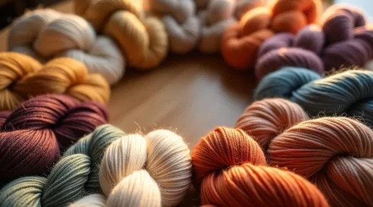Un ensemble de pelotes de laine multicolores de différentes textures et épaisseurs, disposées sur un tissu blanc, symbolisant la diversité et la qualité des fils de tricot