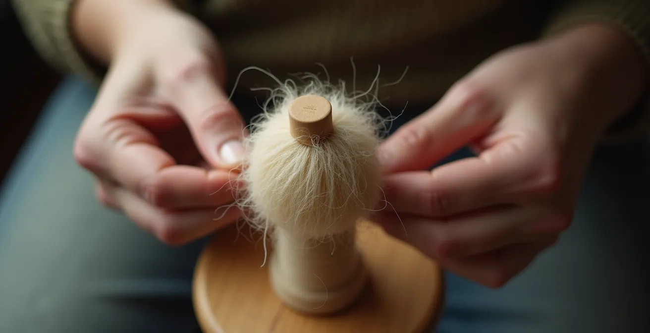 Illustration montrant la technique du filage au fuseau avec les différentes étapes de transformation des fibres en fil continu