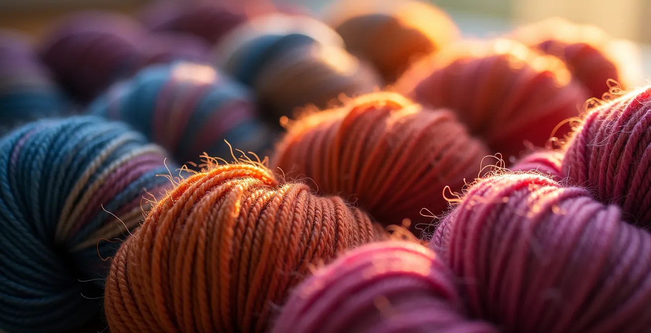 Gros plan de pelotes de laine teintes à la main avec des dégradés de couleurs complexes, montrant les variations subtiles et les effets uniques de chaque écheveau