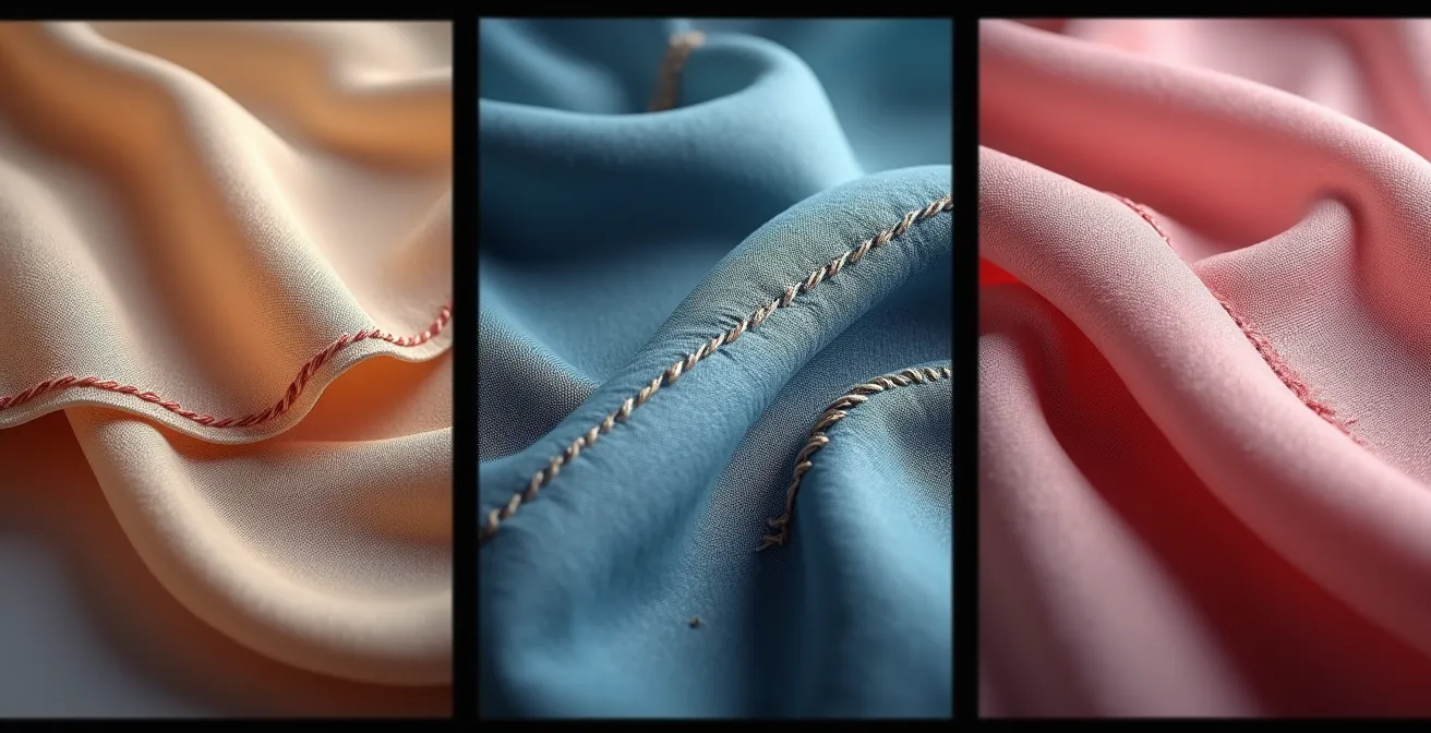 Trois techniques de finition côte à côte : ourlet roulotté fin sur mousseline, couture anglaise assemblant deux pièces avec finitions invisibles, et détail d'une couture à plat flatlock avec fil contrastant.