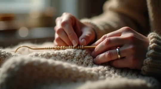 Mains d'une créatrice finissant un tricot avec aiguille à laine, montrant des techniques de finition invisible.