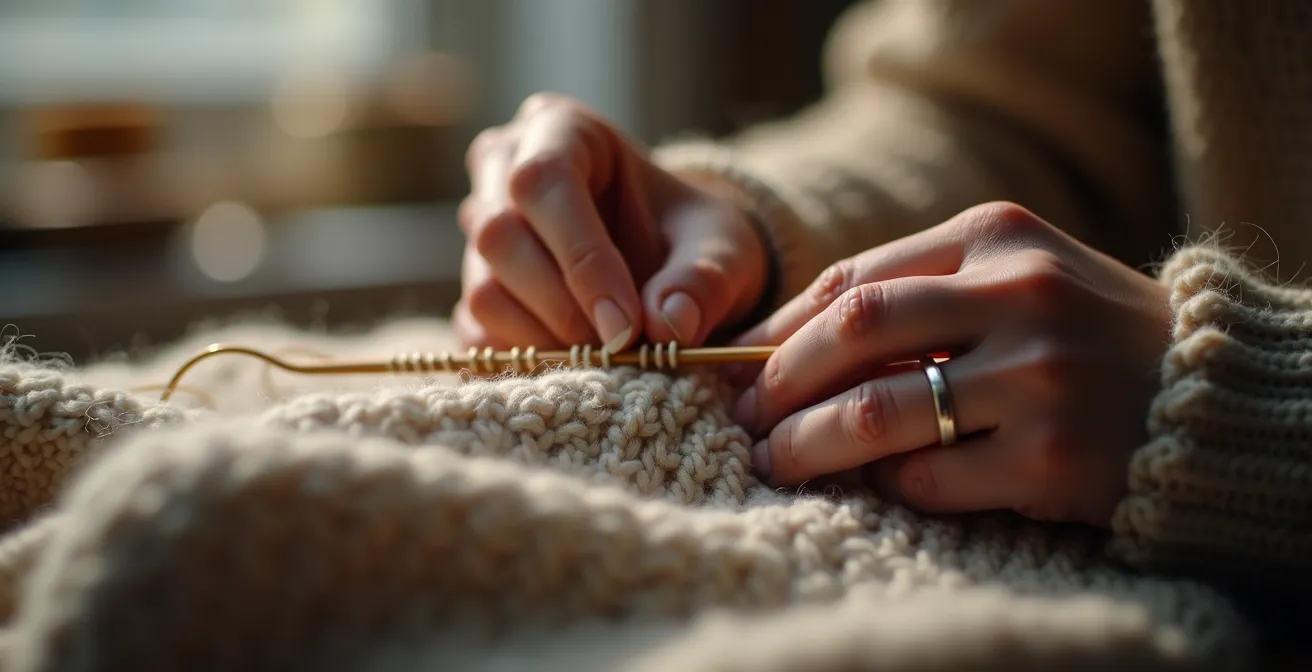 Mains d'une créatrice finissant un tricot avec aiguille à laine, montrant des techniques de finition invisible.