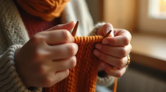 Mains d'une personne qui tricote avec des aiguilles colorées et de la laine, en train de maitriser les fondations du tricot