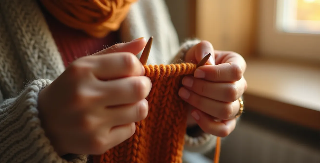 Mains d'une personne qui tricote avec des aiguilles colorées et de la laine, en train de maitriser les fondations du tricot