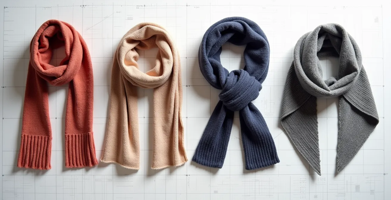 Illustration montrant différentes formes d'écharpes : écharpe rectangulaire classique, chèche circulaire, snood enroulé et étole triangulaire asymétrique.