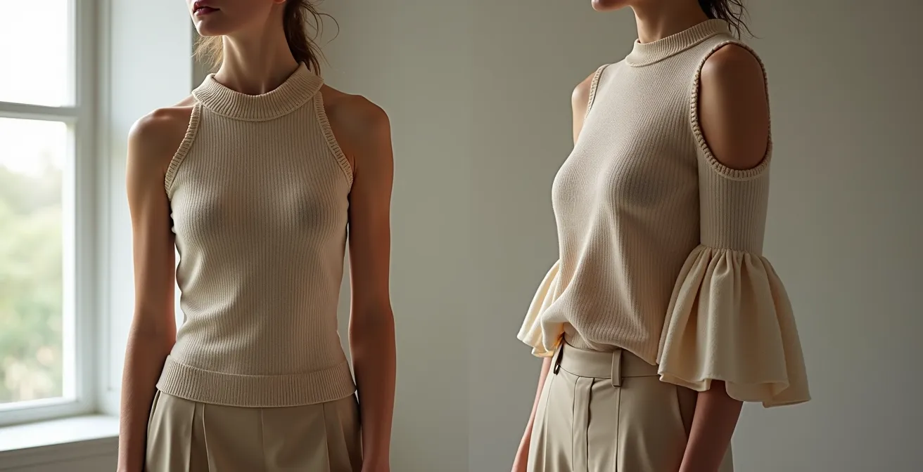 Vue de face et profil d'une femme portant un gilet tricot ajusté, mettant en évidence comment la bordure de manche structurée définit la ligne de la silhouette.