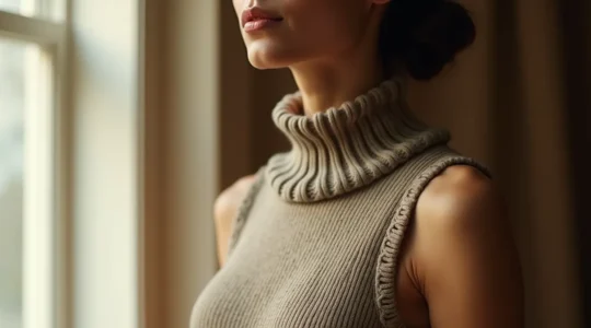 Portrait de femme vêtue d'un gilet tricoté ajusté à la silhouette, mettant en évidence les coutures impeccables et la tenue structurée du vêtement