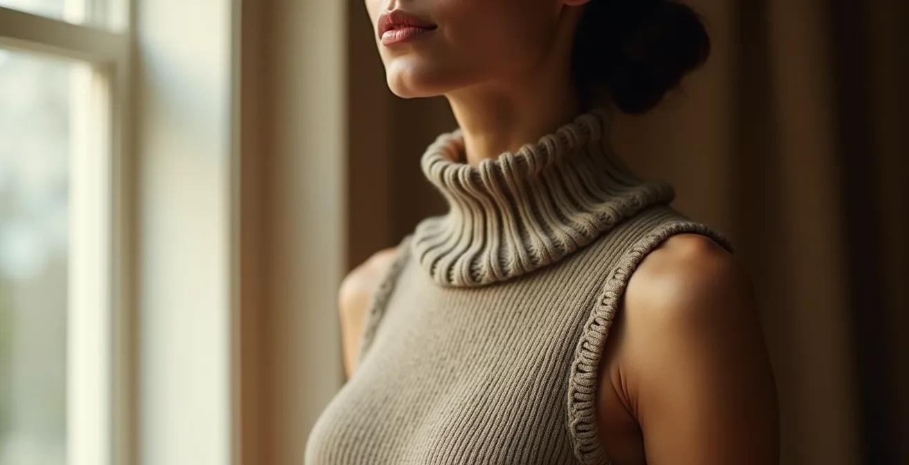 Portrait de femme vêtue d'un gilet tricoté ajusté à la silhouette, mettant en évidence les coutures impeccables et la tenue structurée du vêtement