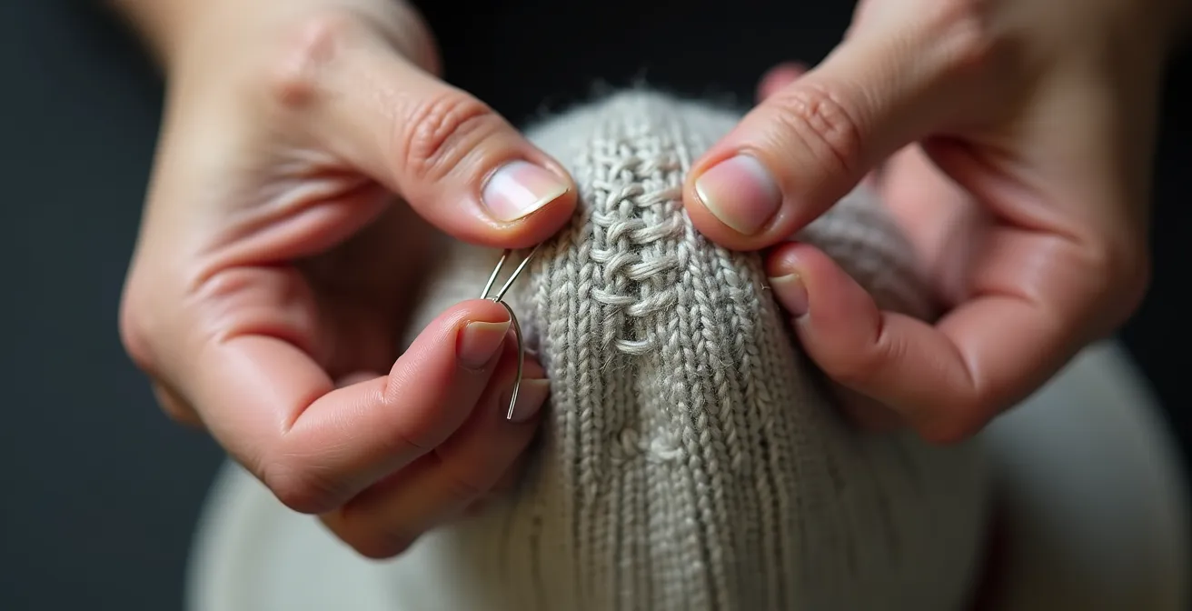 Démonstration détaillée du grafting (remaillage) montrant les deux aiguilles parallèles avec les mailles et le fil passant à travers.