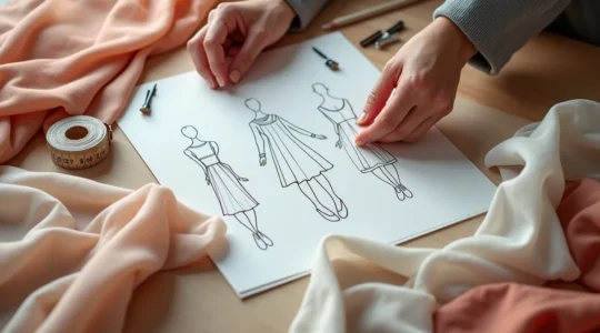 Montage d'images montrant différents tissus fluides (viscose, crêpe, tencel), techniques de couture délicate et finitions haute couture pour la confection de vêtements avec des tissus fins.