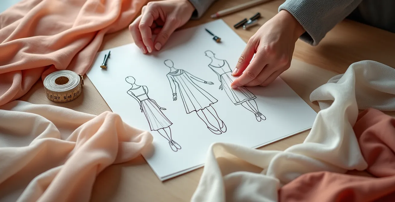 Montage d'images montrant différents tissus fluides (viscose, crêpe, tencel), techniques de couture délicate et finitions haute couture pour la confection de vêtements avec des tissus fins.