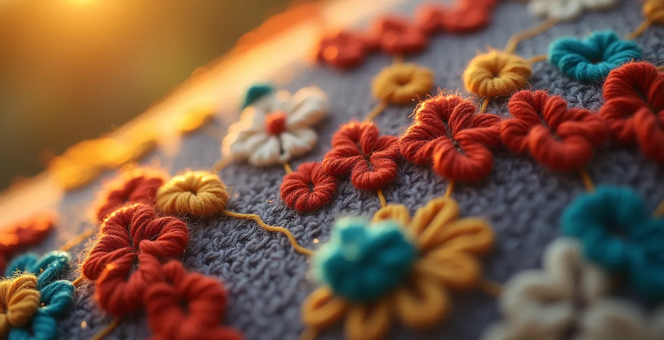 Gros plan sur une réparation visible (visible mending) montrant les imperfections acceptées comme beauté artisanale