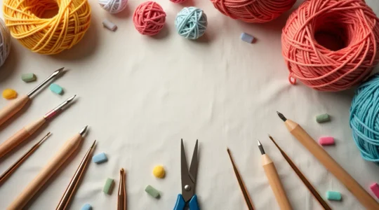 Kit de démarrage parfait pour le tricot et la broderie avec aiguilles, crochets, ciseaux, marqueurs et accessoires essentiels organisés sur un tissu