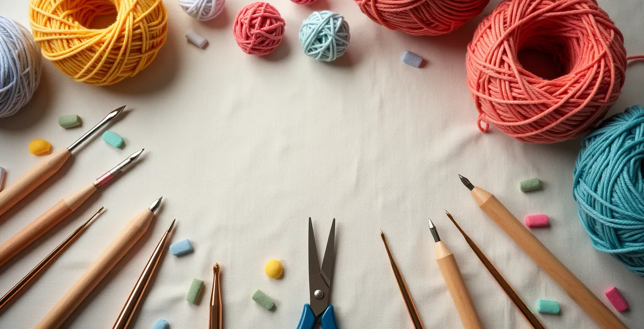 Kit de démarrage parfait pour le tricot et la broderie avec aiguilles, crochets, ciseaux, marqueurs et accessoires essentiels organisés sur un tissu