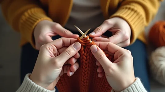 Mains tricotant la maille endroit avec technique continentale et anglaise, aiguilles et laine