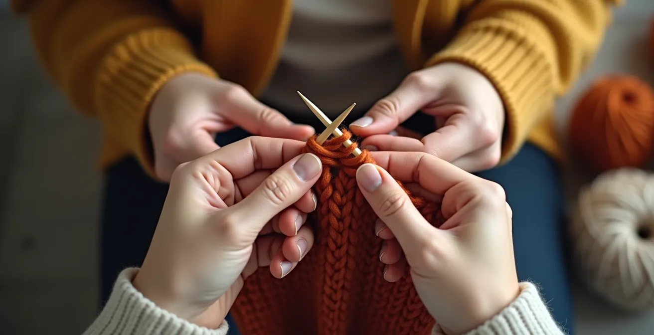 Mains tricotant la maille endroit avec technique continentale et anglaise, aiguilles et laine