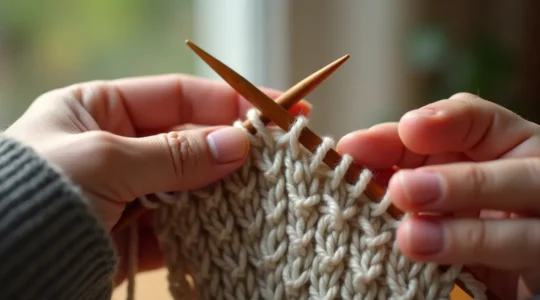 Gros plan des mains d'une tricoteuse travaillant la maille envers, montrant la texture fine et régulière d'un tricot en jersey avec des mailles endroit et envers parfaitement alternées