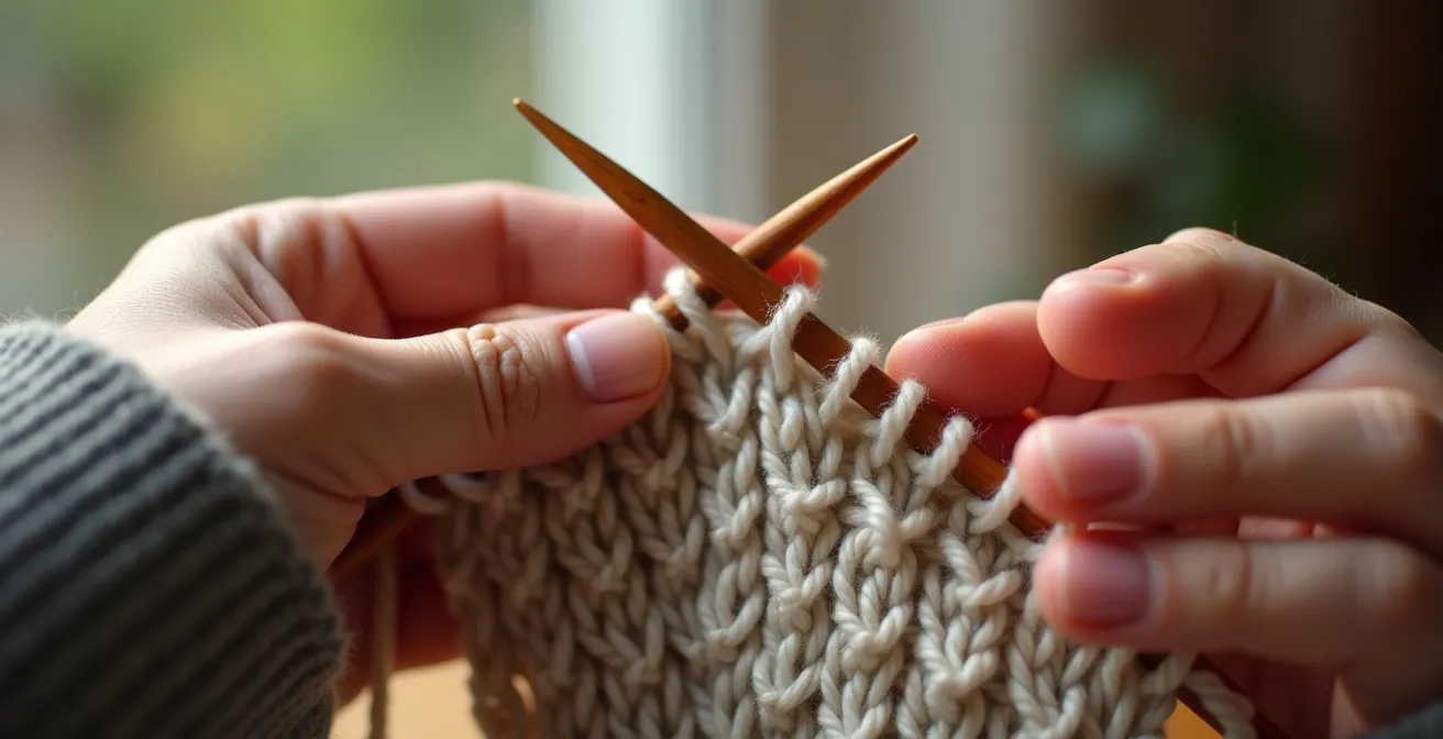 Gros plan des mains d'une tricoteuse travaillant la maille envers, montrant la texture fine et régulière d'un tricot en jersey avec des mailles endroit et envers parfaitement alternées