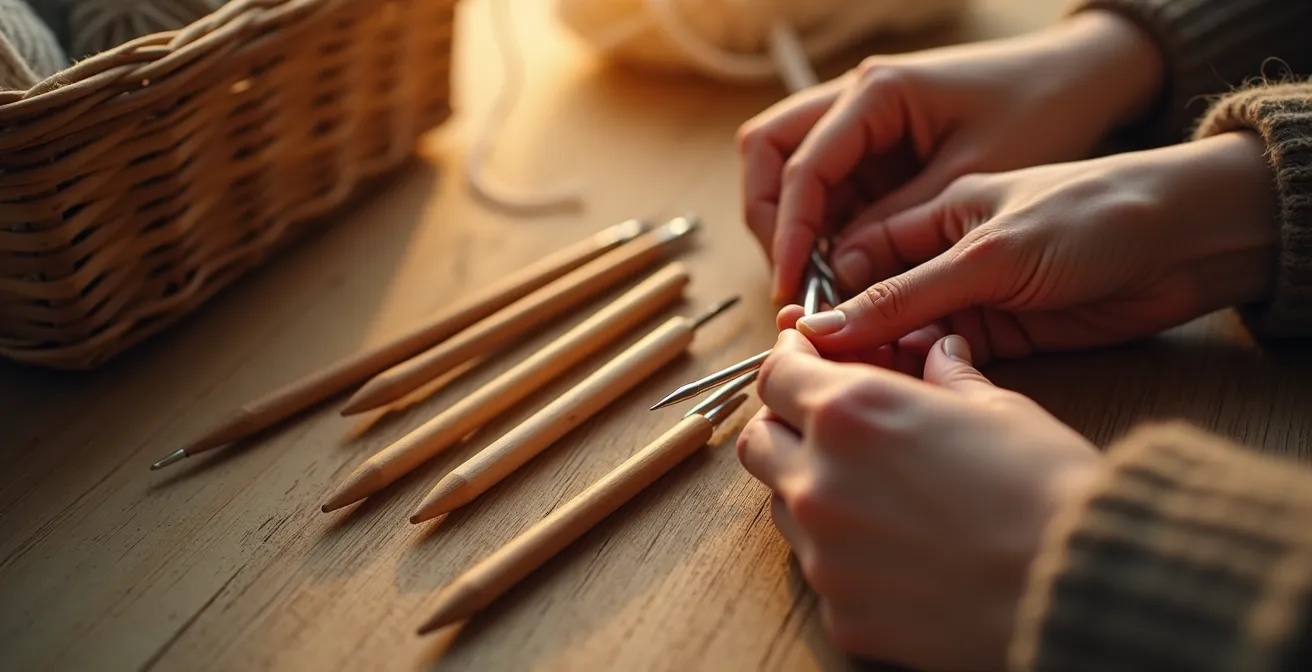 Gros plan de trois paires d'aiguilles représentant les trois matériaux principaux : bois chaleureux, métal brillant et plastique clair.