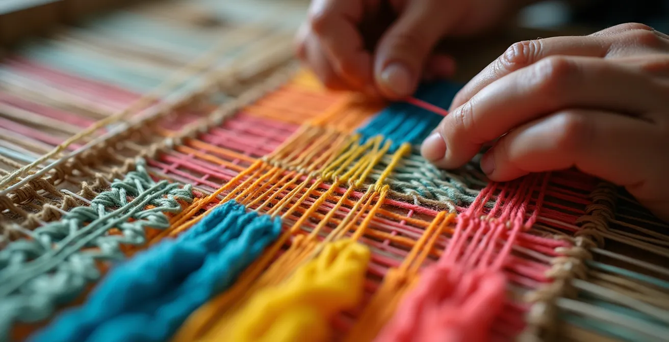 Gros plan sur un mini-tissage mural coloré suspendu à une branche de bois flotté, avec des fils multicolores entrecroisés créant des motifs géométriques, photos d'ambiance bohème.