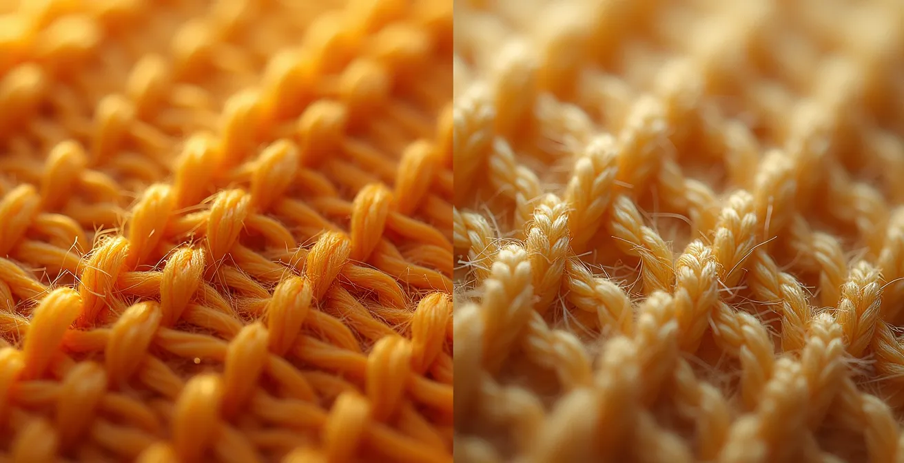 Gros plan détaillé des textures du point de riz et du point de blé côte à côte, montrant les petites boules régulières du riz et le relief allongé plus subtil du blé