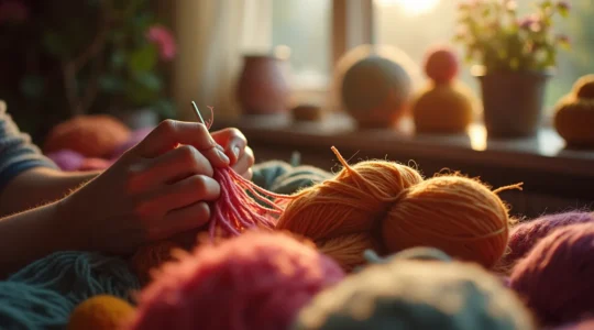 Personne créant un tricot coloré, transformant la laine en création textile