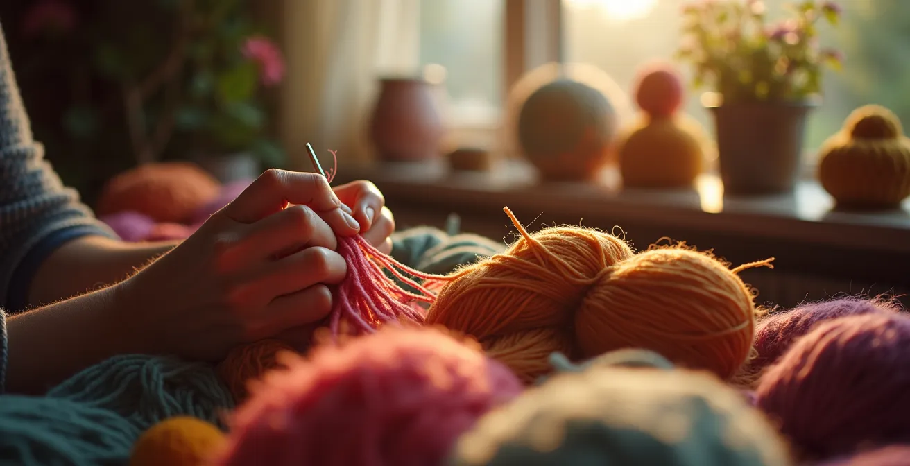 Personne créant un tricot coloré, transformant la laine en création textile